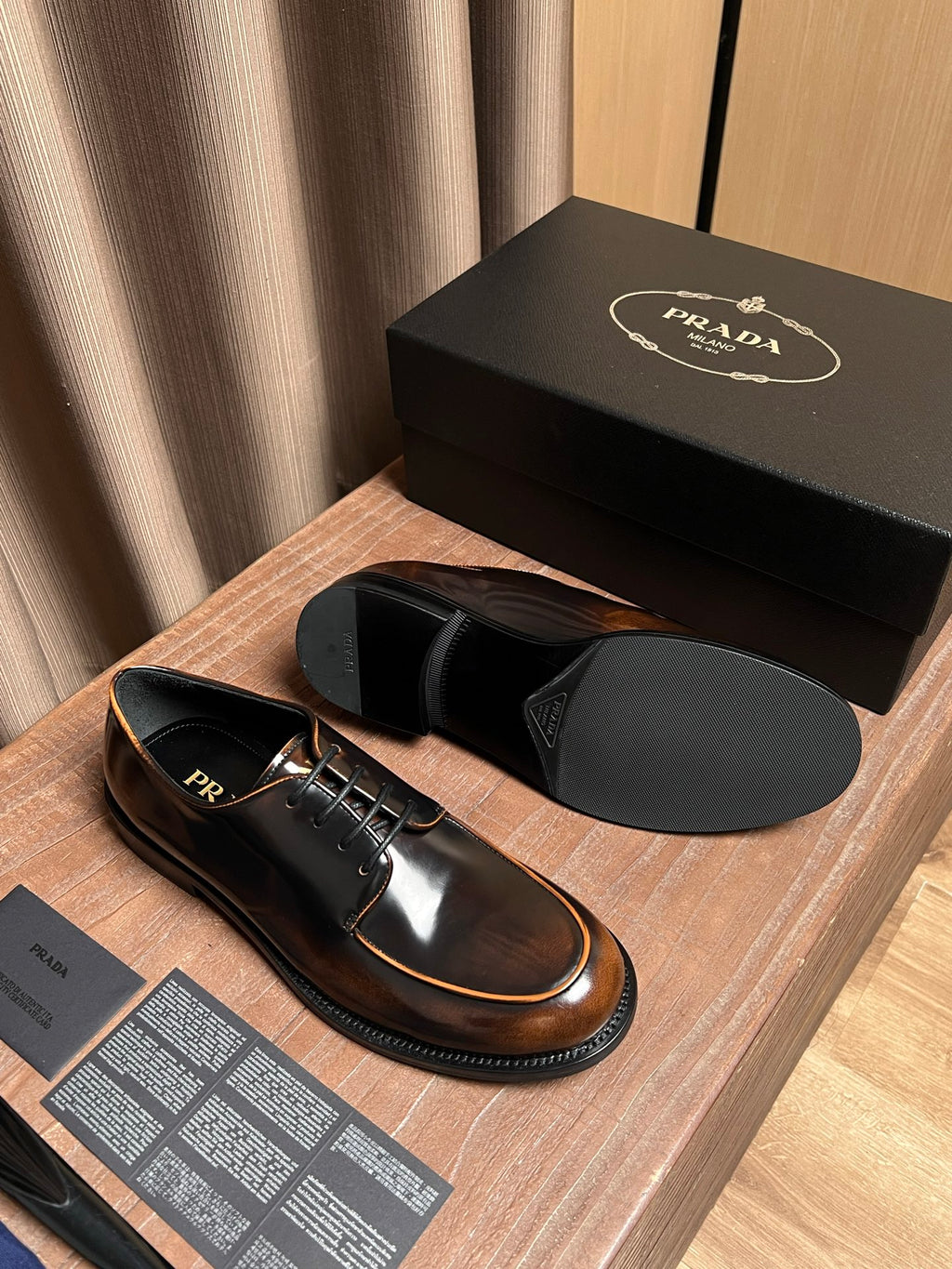 Leather lace-up shoes with matching black slides and box, dark brown uppers