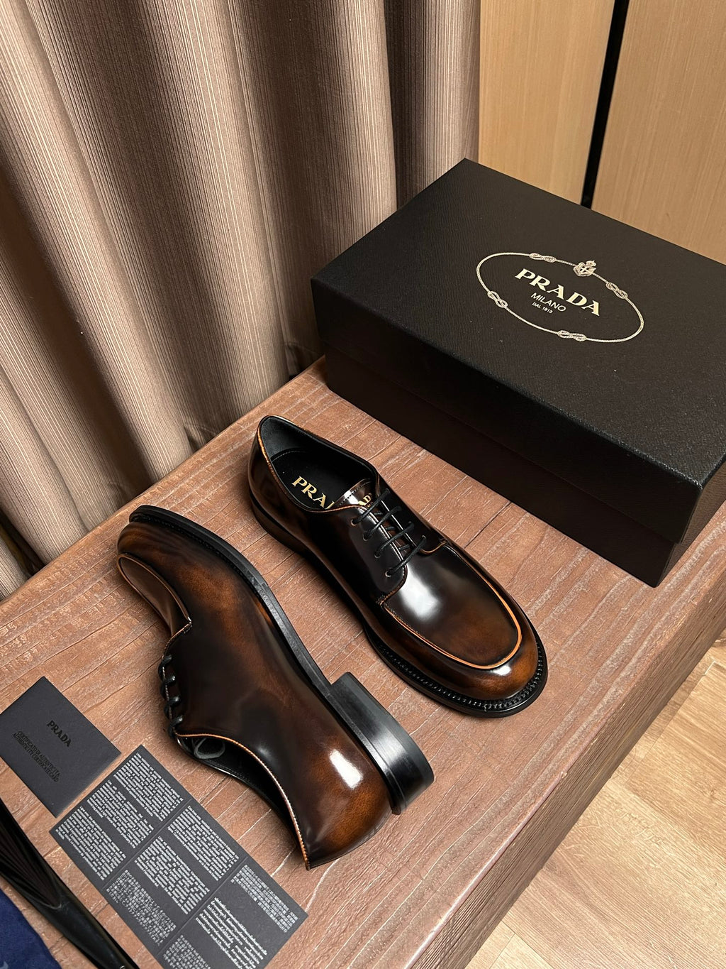 Prada unisex leather derby shoes, dark brown, black lace-up and chunky sole