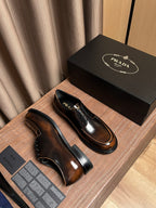Prada unisex leather derby shoes, dark brown, black lace-up and chunky sole