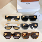 Six pairs of gold-logo sunglasses in black and tortoiseshell with tinted lenses