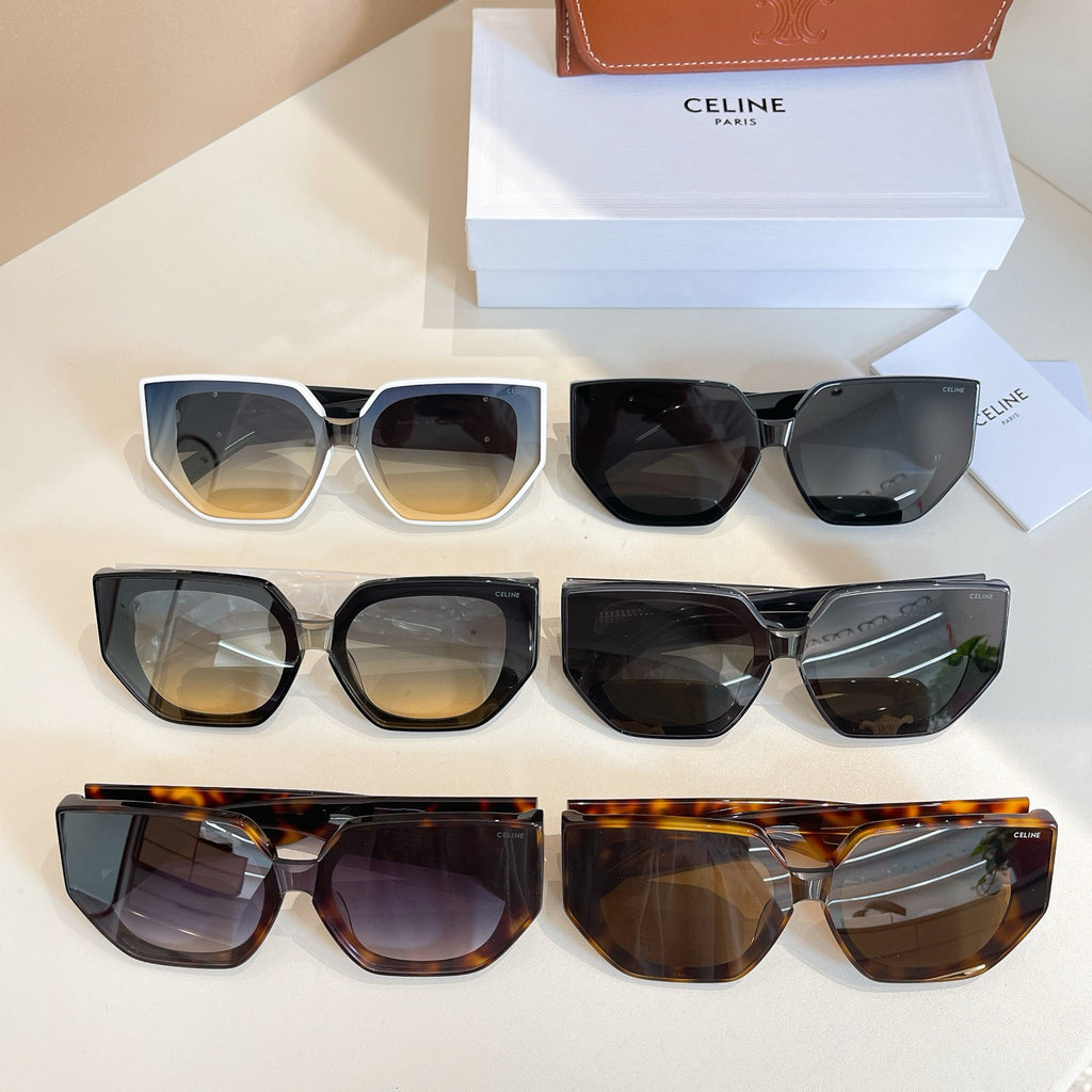 Assorted sunglasses set with black, white, and tortoiseshell frames and gold logos