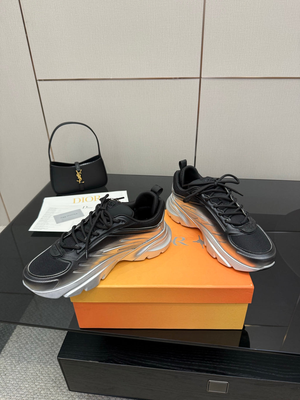 Ladies' Dior sneakers set, black uppers with silver multi-layer sole and laces