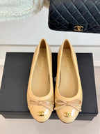 Beige ballet flats, pointed toe, ribbon bows, gold Chanel CC hardware