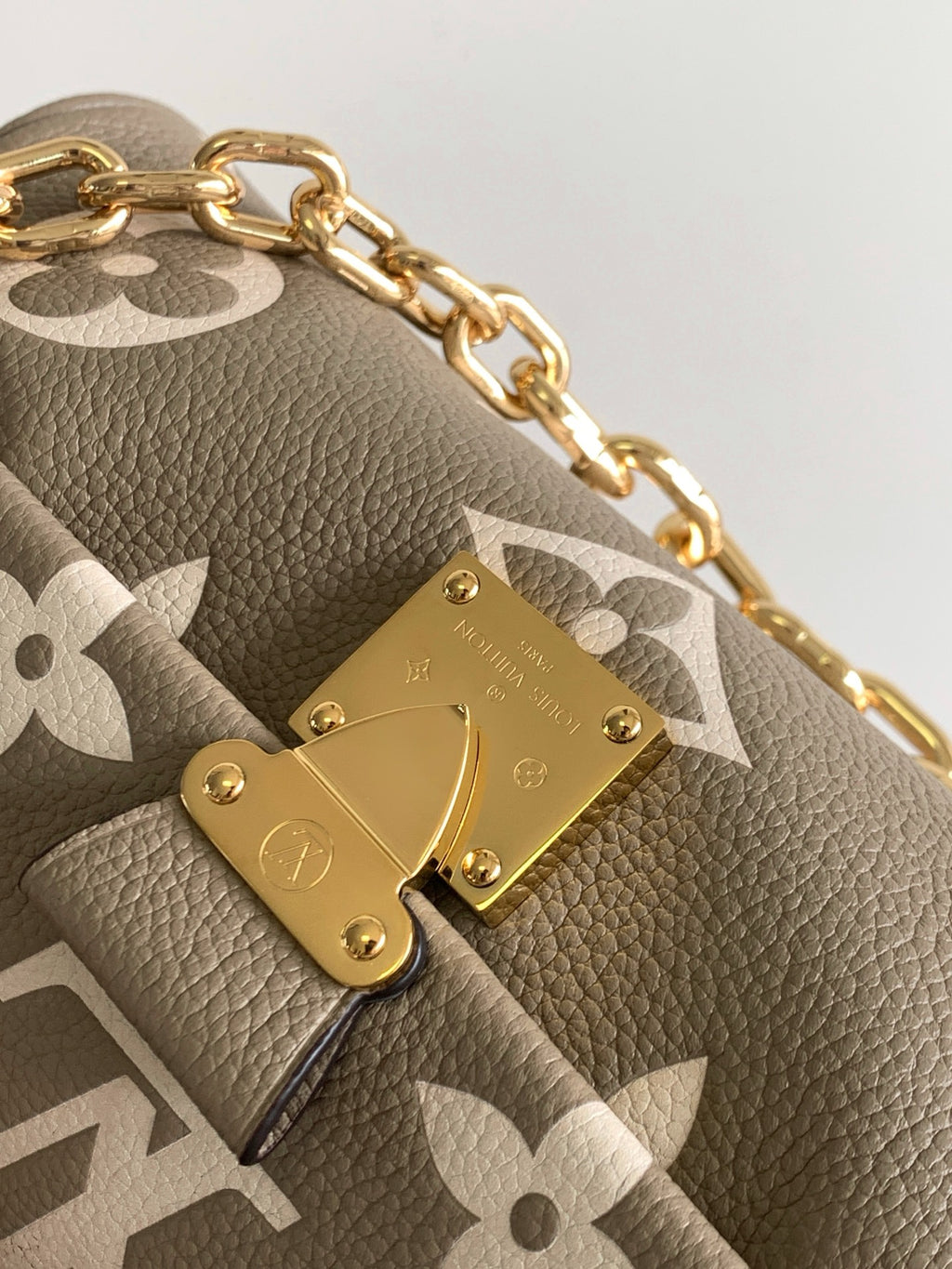 Gray monogram handbag close-up: gold clasp, chain hardware, and textured leather details.