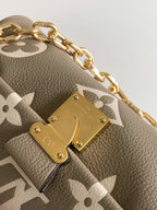 Gray monogram handbag close-up: gold clasp, chain hardware, and textured leather details.