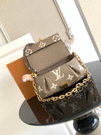 Small designer shoulder bag in gray monogram canvas with gold chain strap and top flap.