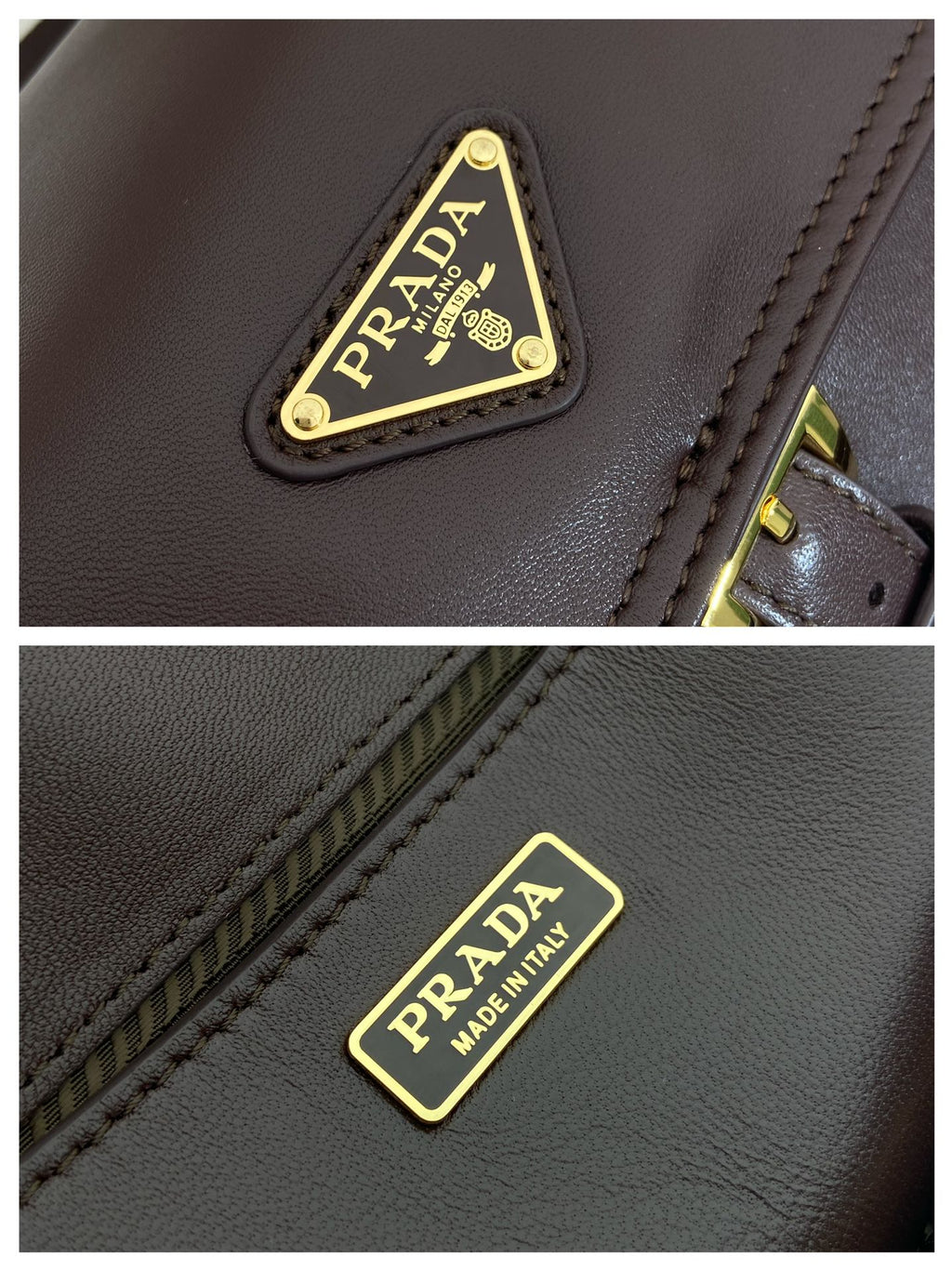 Prada logo patch on dark leather bag with contrast stitching, gold hardware.