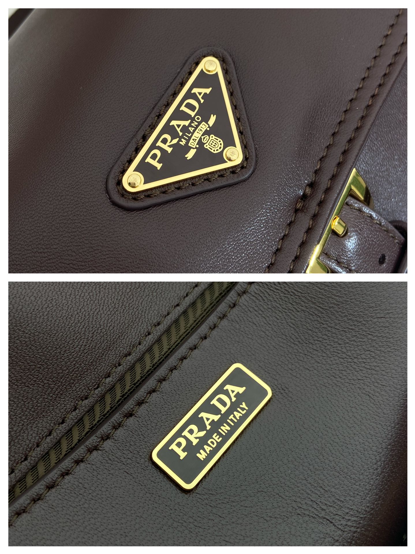 Prada logo patch on dark leather bag with contrast stitching, gold hardware.