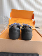 Louis Vuitton unisex sneakers, black leather backs with blue laces in shoebox