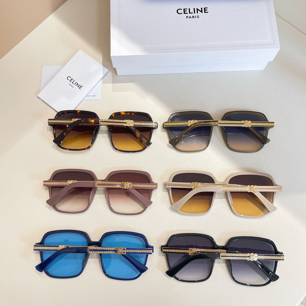 Assorted sunglasses with gold chain temple details and tinted lenses in multiple colors.