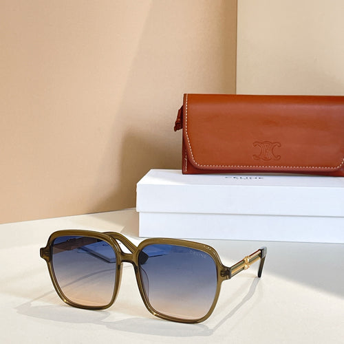 Sunglasses with olive-brown square frames and smoky blue lenses, gold-toned hinges.