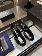 Prada unisex patent loafers, black slip-ons with logo at vamp