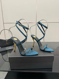 YSL ladies luxury blue strappy high-heel sandals with gold stiletto heels and ankle straps