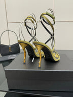 Designer high-heel sandals, gold-tone stiletto with yellow toe and green straps