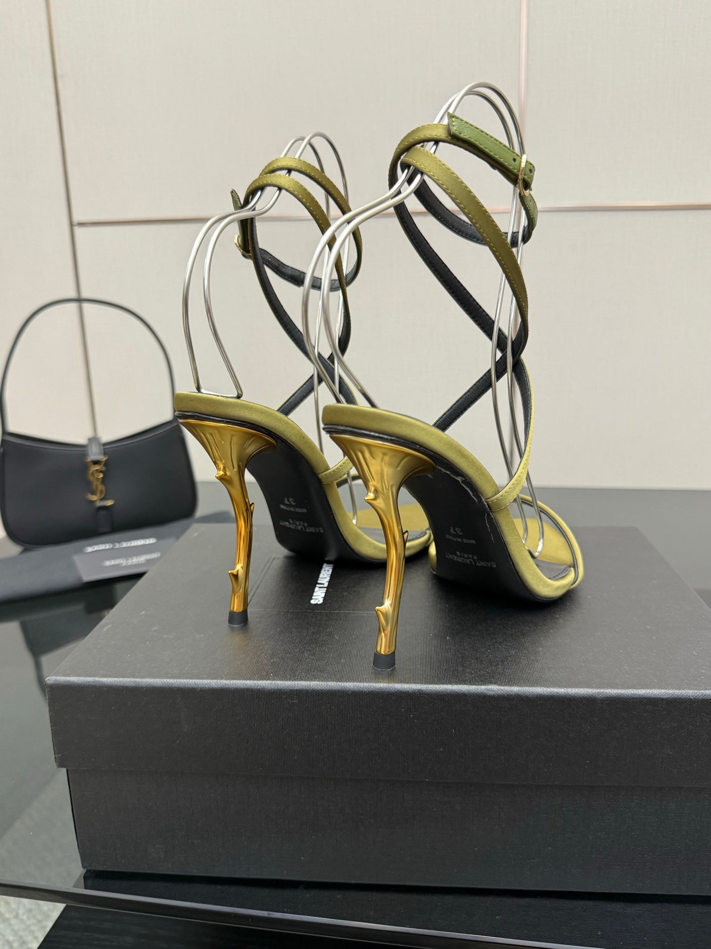 Designer high-heel sandals, gold-tone stiletto with yellow toe and green straps