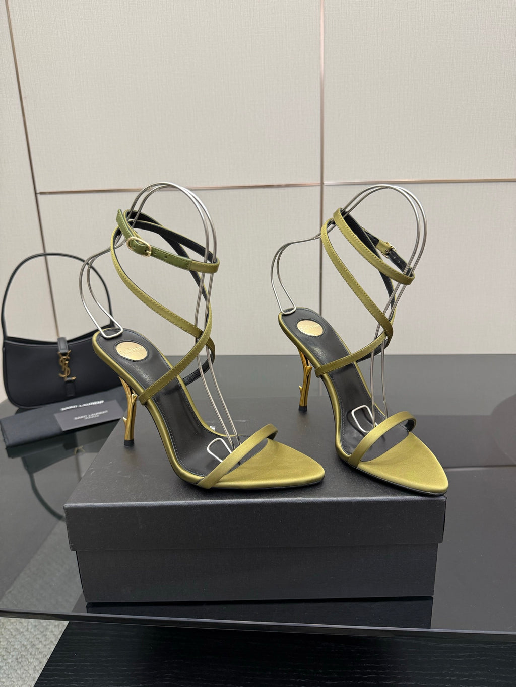 Designer high-heel sandals, yellow open toe with green strappy upper