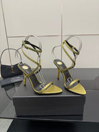 Designer high-heel sandals, yellow open toe with green strappy upper