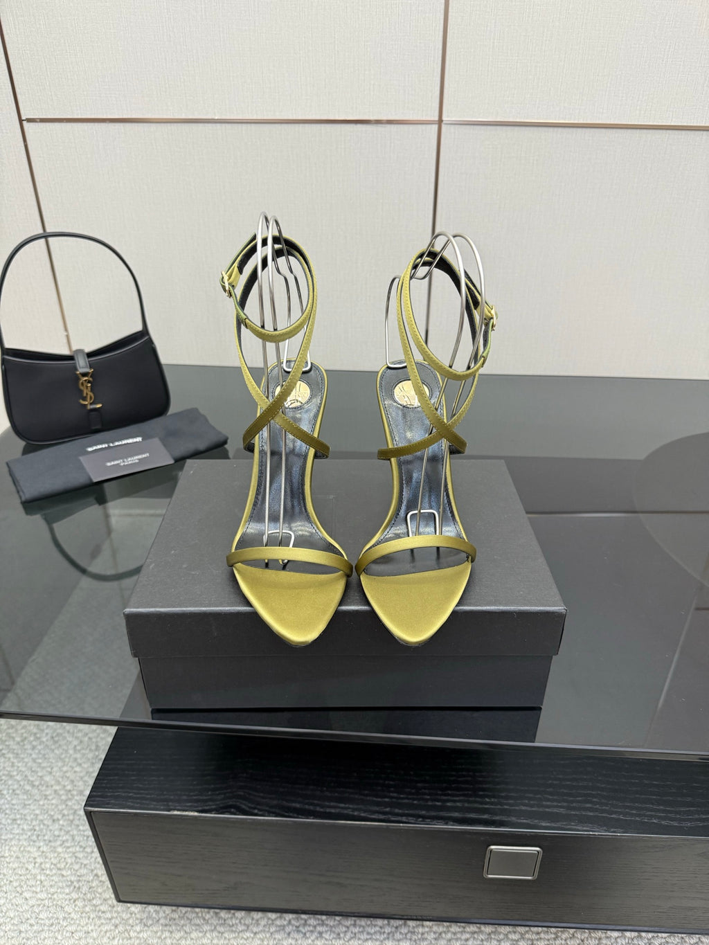 Designer high-heel sandals, yellow open toe with green straps and thin gold stiletto