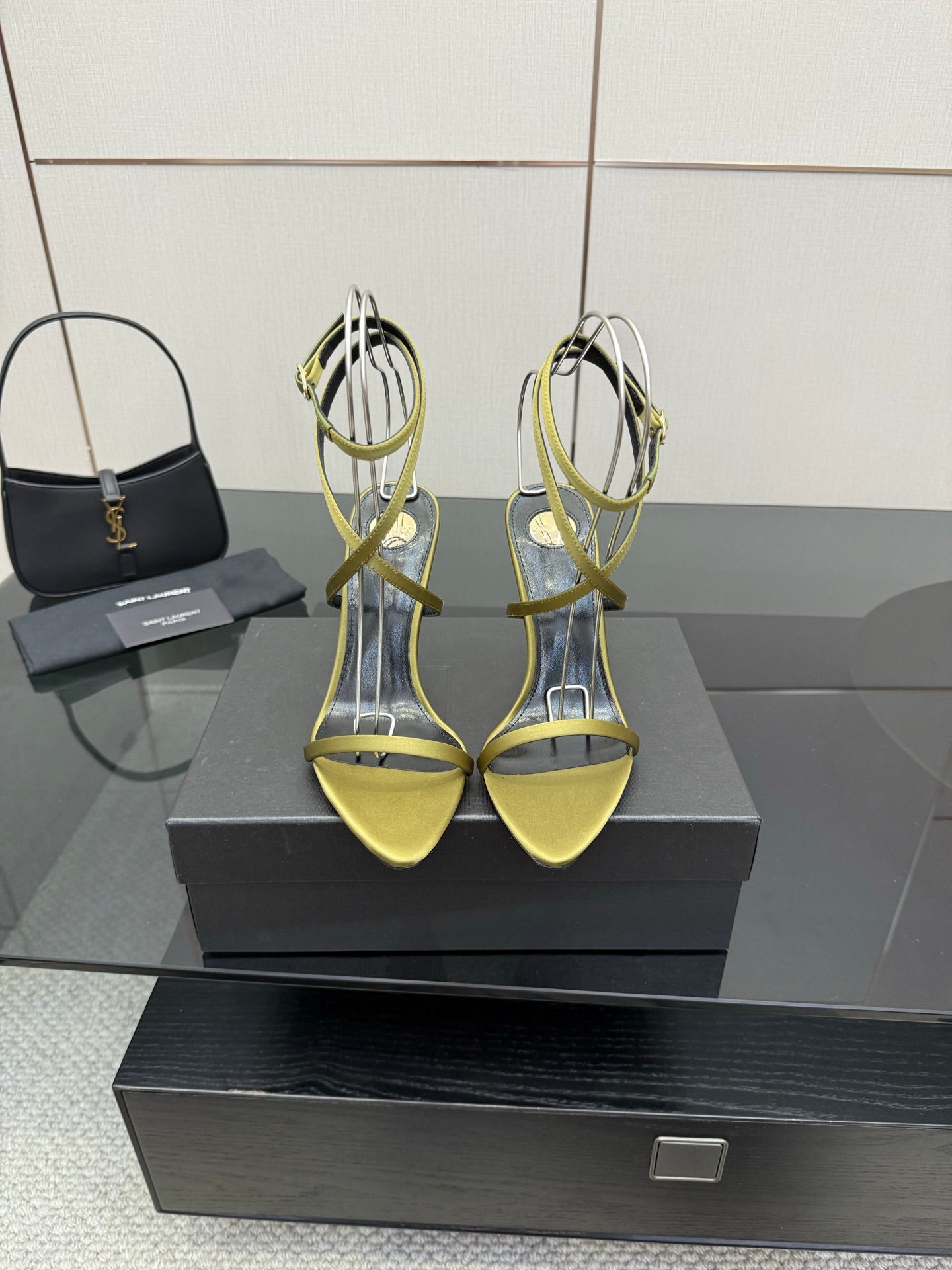 Designer high-heel sandals, yellow open toe with green straps and thin gold stiletto