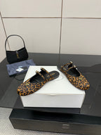 Prada ladies leopard-print slingback flats with ankle strap and gold buckle