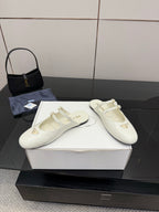 Women's Prada white leather flats on box, square-toe style with double buckle straps