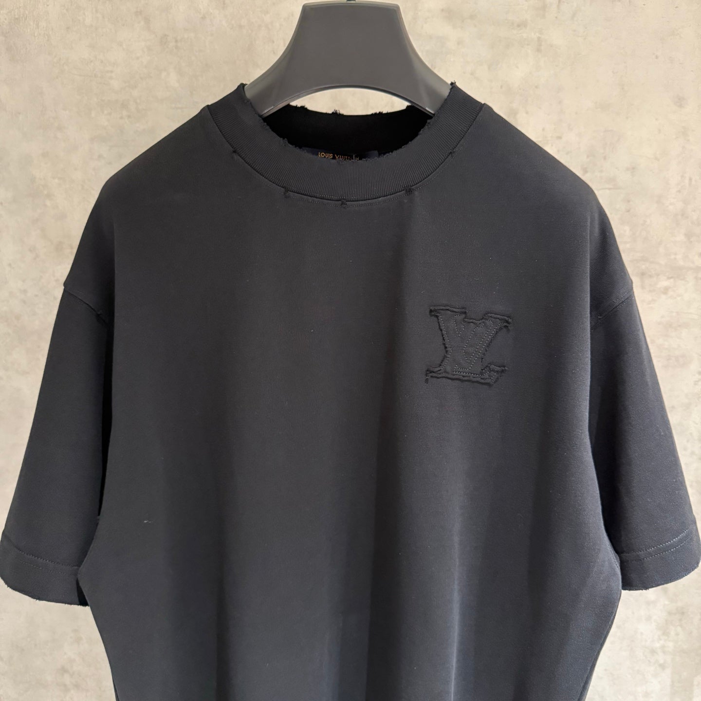 Louis Vuitton black crewneck T-shirt with small embroidered LV emblem on chest