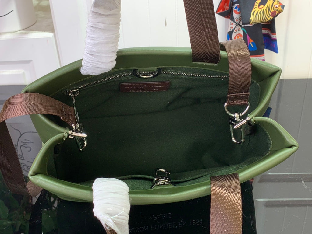 Louis Vuitton tote bag open top in dark olive green with brown handles and straps
