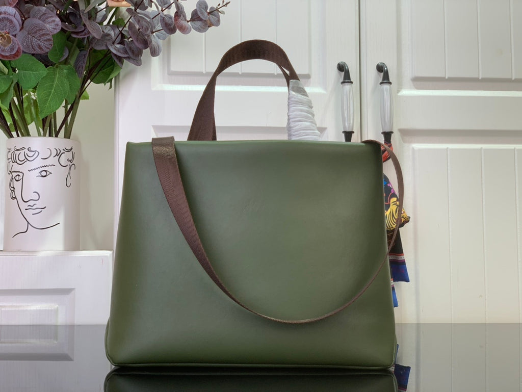 Louis Vuitton tote bag with dark olive green body and brown shoulder strap