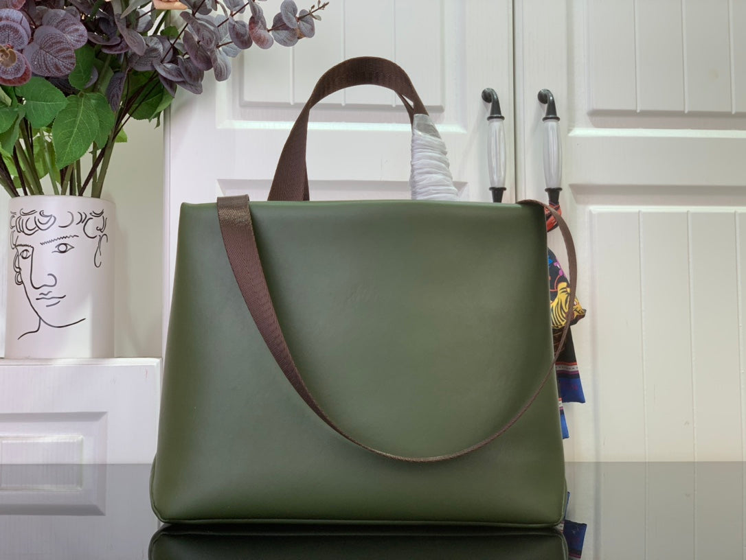 Louis Vuitton tote bag with dark olive green body and brown shoulder strap