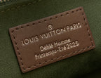 Louis Vuitton tote bag fabric label on dark olive green with brown stitched border