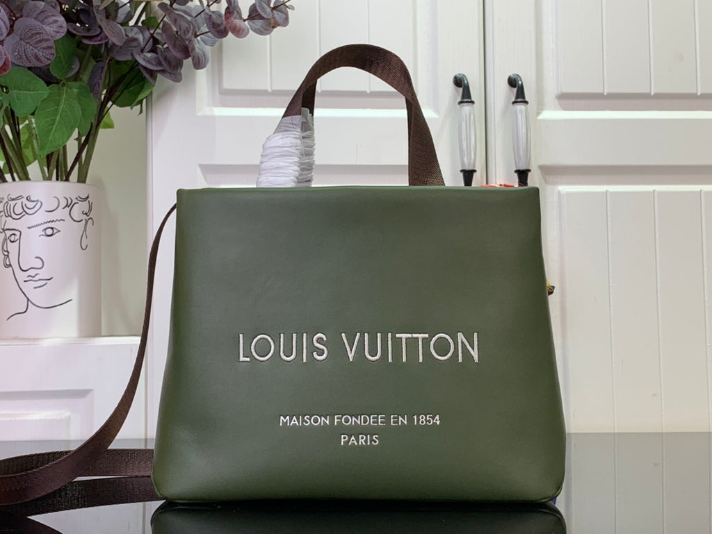 Louis Vuitton tote bag in dark olive green with brown top handles and front logo