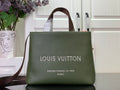 Louis Vuitton tote bag in dark olive green with brown top handles and front logo