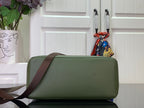 Louis Vuitton tote bag with dark olive green finish and long brown crossbody strap