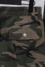 Camouflage pants front pocket and logo patch with metal button detail