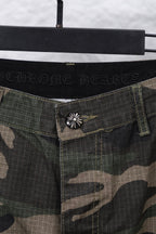 Chrome pants with camo waistband, decorative metal front button