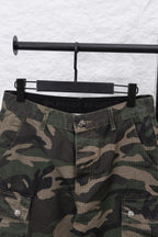 Camouflage pants waistband and front button detail with belt loops