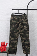 Camouflage pants with elastic waistband and tapered legs, front view on hanger
