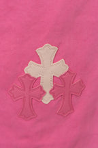 Pink denim fabric with cream cross embroidery appliques