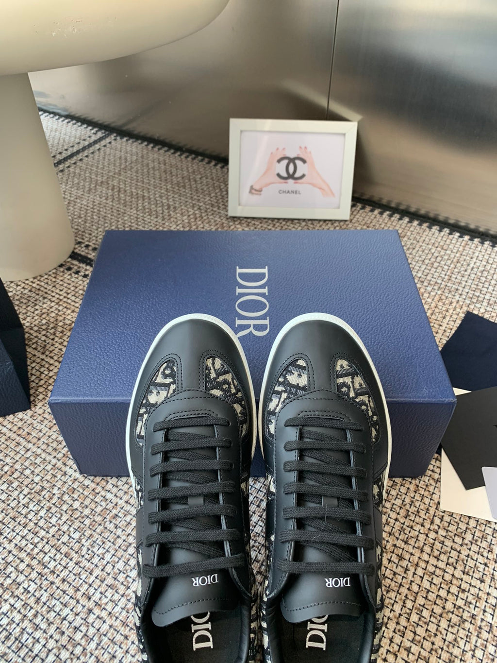 Dior unisex sneakers, black leather with patterned toe panels and black laces