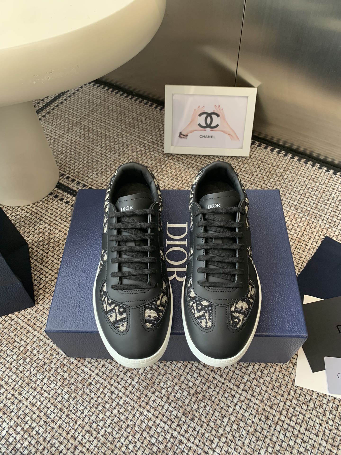 Dior unisex low-top sneakers, black with patterned panels and black laces