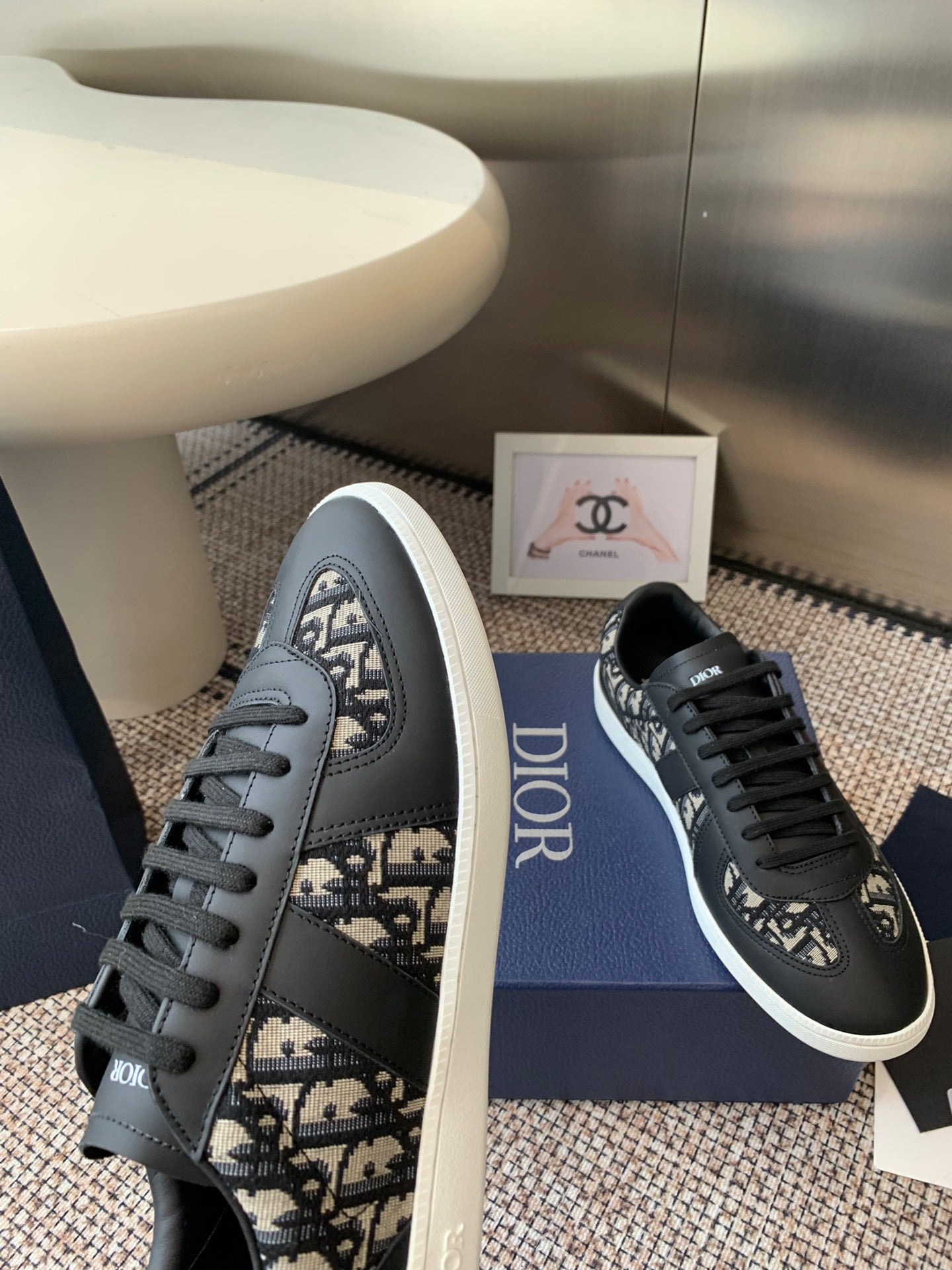 Dior unisex sneakers, light-and-dark pattern on black upper, black laces