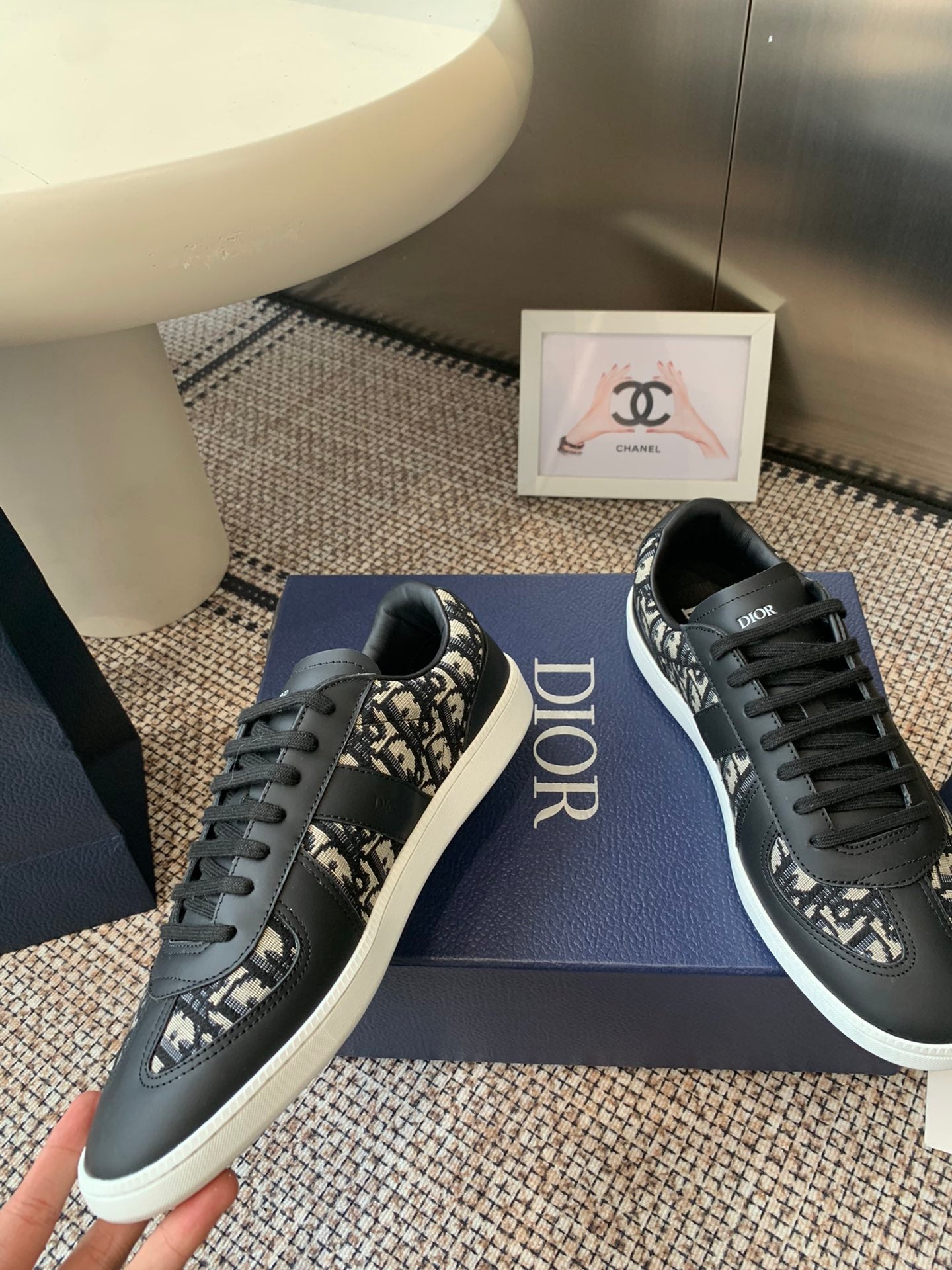 Dior unisex low-top sneakers, black with monogram-style inserts, white sole