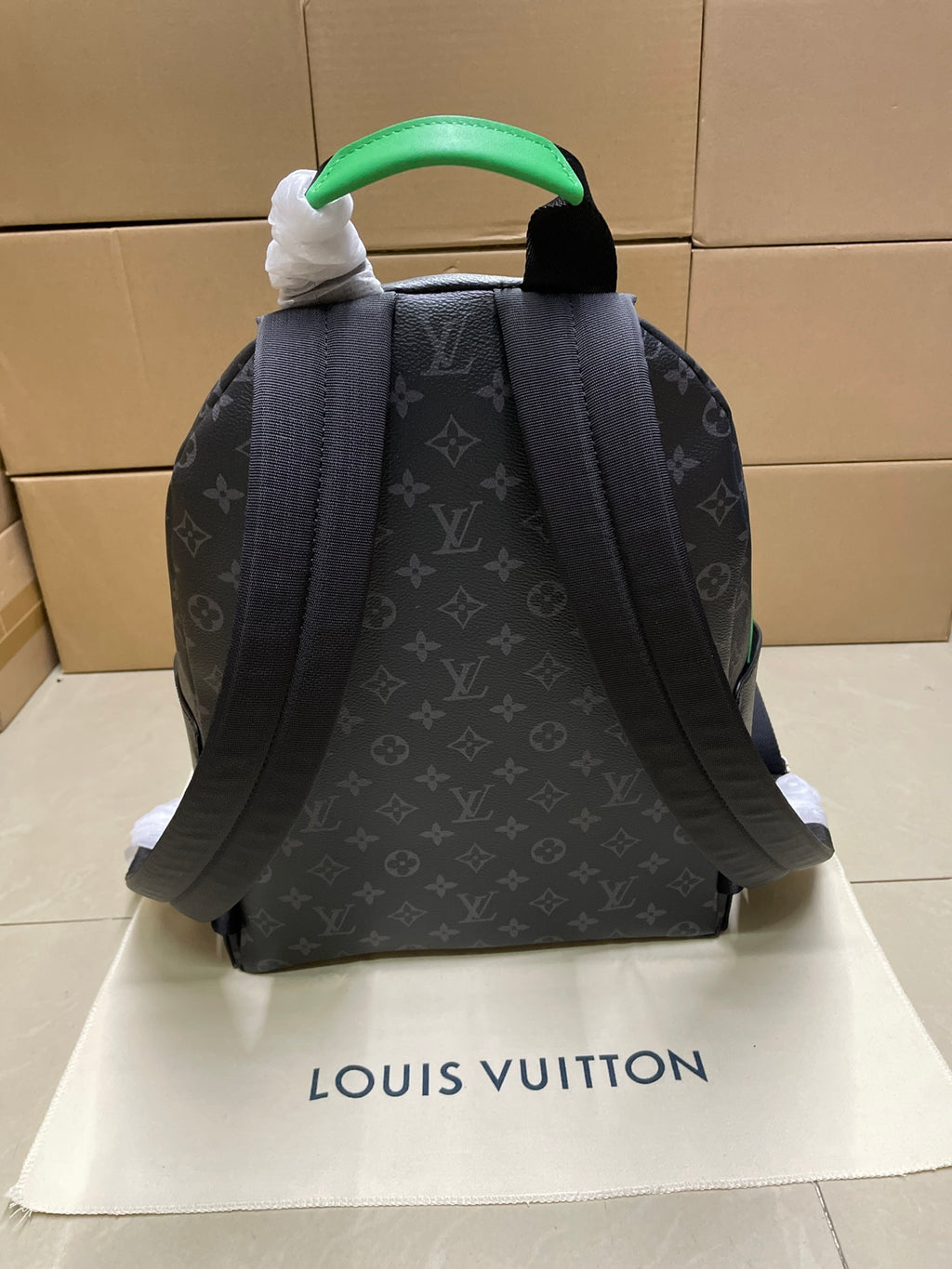 Louis Vuitton monogram backpack, back view with green top handle straps
