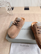 Brown suede lace-up sandals with printed logo label on tongue