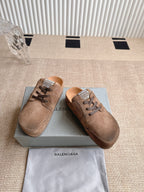 Brown suede lace-up sandals with toe strap and dark laces