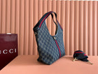 Tote bag in dark monogram canvas with leather handles, Web stripe, and side pocket