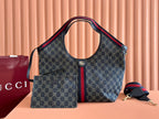 Gucci tote bag in dark monogram canvas with red and blue Web stripe and leather trim