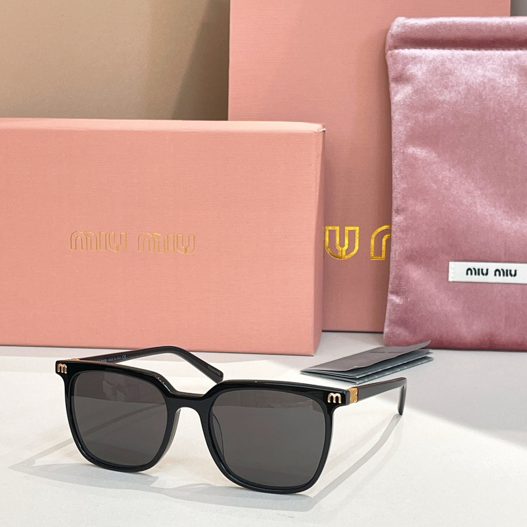 Sunglasses with black square frames and dark tinted lenses, metal accents on temples
