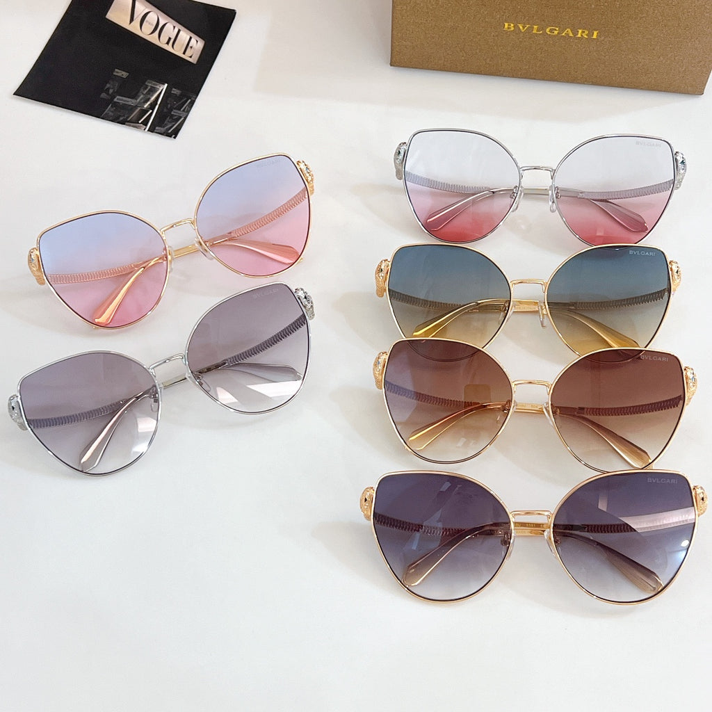 Bvlgari sunglasses collection with mixed metal frames and tinted lenses, including pink, blue, purple