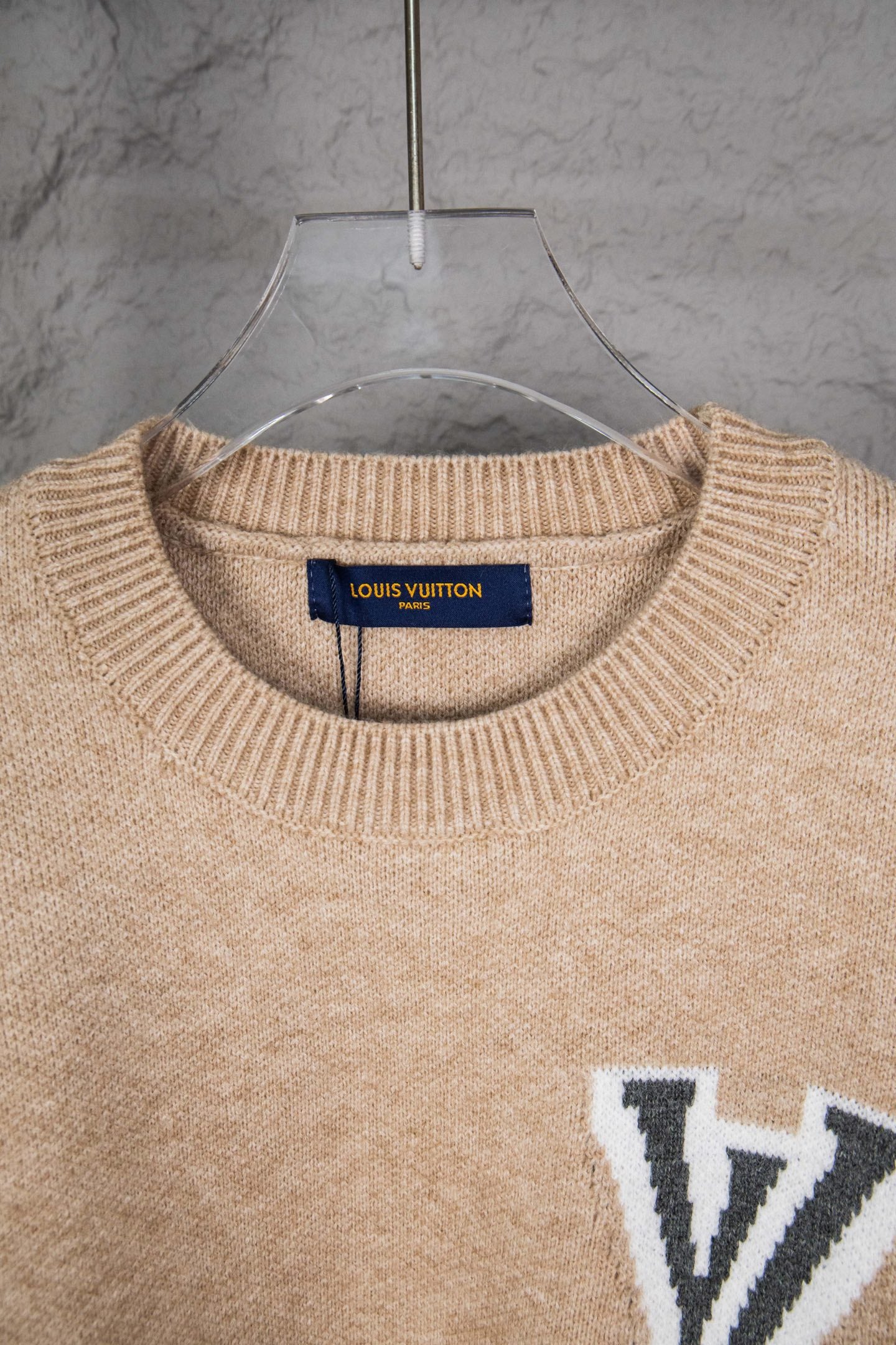Beige knit sweater ribbed crew neck with Louis Vuitton brand label